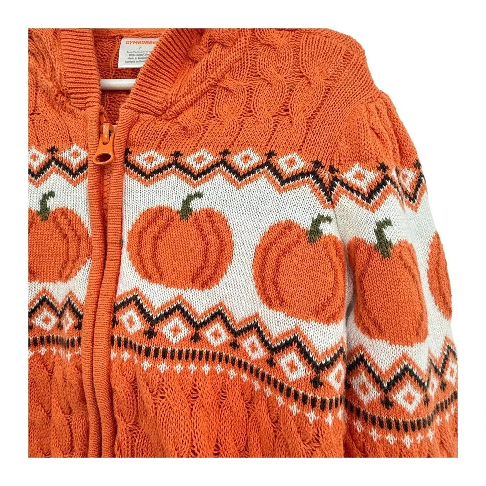 Gymboree Girls Size 7 Lil Pumpkin Fair Isle Cable Knit Hooded Sweater Fall